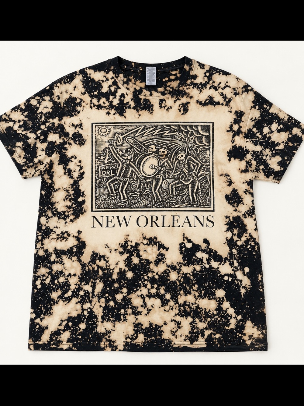 New Orleans Brass Band Bleach-Splatter Graphic Tee - Black & Cream %100 Cotton